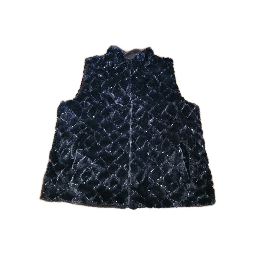 Joan Rivers Reversible Vest Women Black Faux Fur Sparkle Sequin Zip Brown Sz 1X